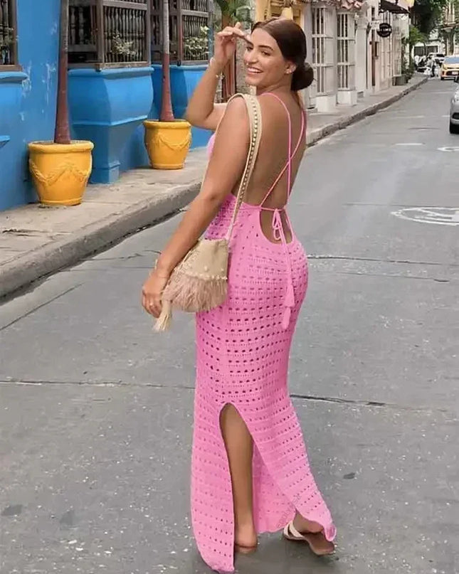 Sexy Knit Cut Out Tassel Spaghetti Strap Bodycon Beach Maxi Dress Summer Women's Holiday Club Party Outfit Swimsuit Cover Up K10
