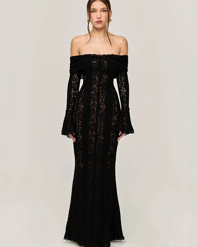 Mozision Lace Off-shoulder Sexy Maxi Dress Women Strapless Backless Long Sleeve Bodycon Evening Club Party Long Dress Elegant