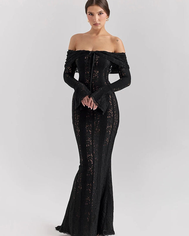 Mozision Lace Off-shoulder Sexy Maxi Dress Women Strapless Backless Long Sleeve Bodycon Evening Club Party Long Dress Elegant
