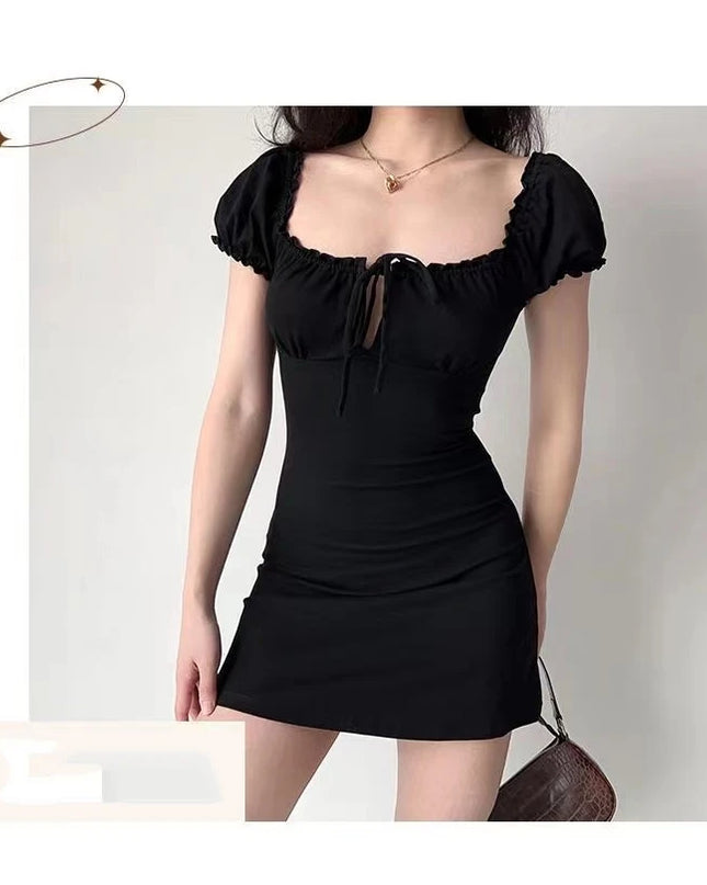 Summer Sexy Mini Dress Women Short Sleeved Lace up Hollow Casual Backless Folds Bodycon Black Dress Party Elegant A-LINE Dresses