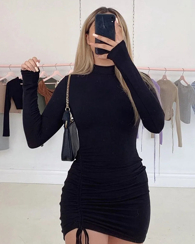 Long Sleeve Ruched Bodycon Dress Women Turtleneck Bandage Mini Dresses Autumn Black Skinny Stretchy Party Vestidos