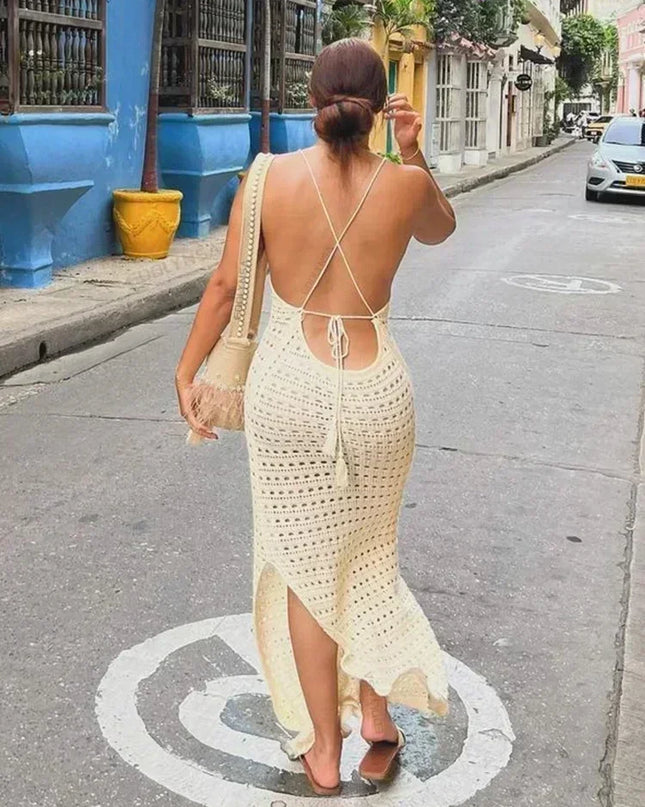 Sexy Knit Cut Out Tassel Spaghetti Strap Bodycon Beach Maxi Dress Summer Women's Holiday Club Party Outfit Swimsuit Cover Up K10
