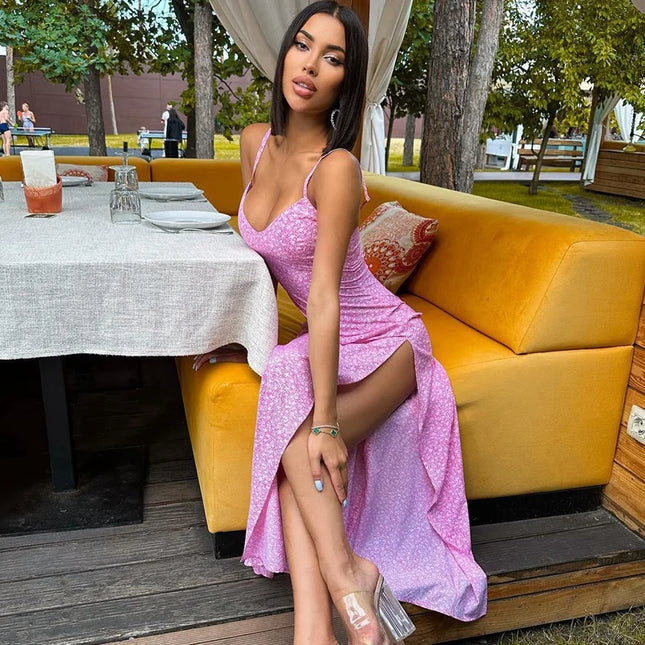 HELIAR Women Sexy Split Maxi Dress Floral Printed Sleeveless Beach Party Dress Spaghetti Zip Club Dress Elegant Vestidos Summer