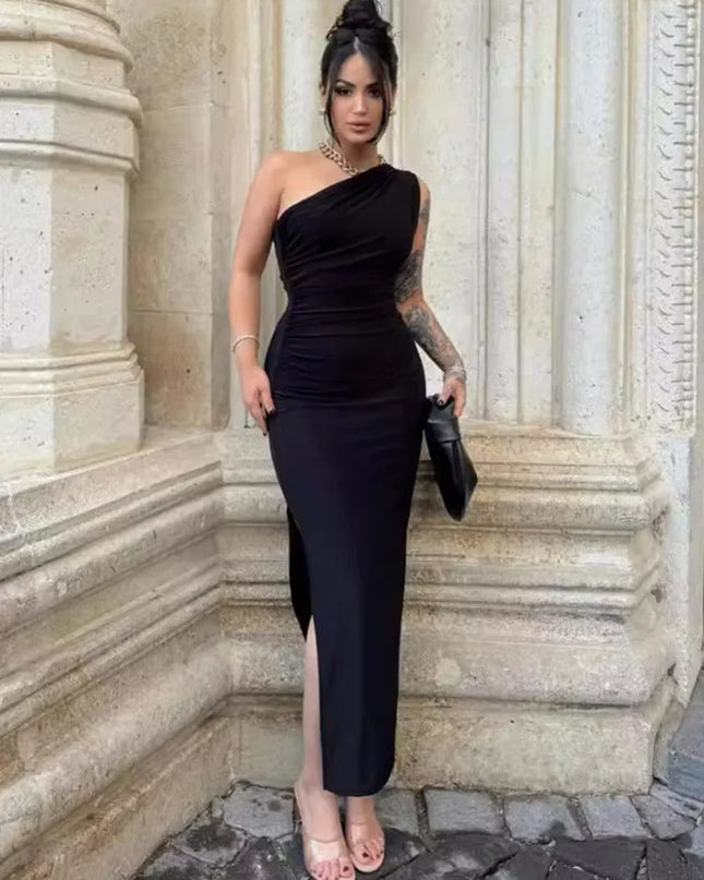 Black Maxi Dress Women Elegant Party Summer Fashion Sexy Split Sleeveless Backless Dress Off Shoulder Streetwear Club Slim Dress