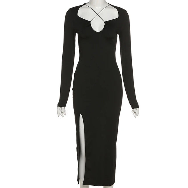 Autumn Crossed Cleavage Maxi Dress Women Concise Side Spilt Elegant Vestido Lady High Street Bodycon Slim Robe Skirt
