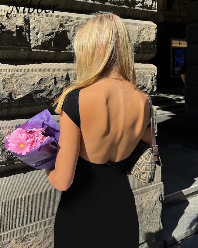 Nibber Solid Sexy Backless Maxi Dress Women Elegant Elastic Slim Short Sleeve Long dresses Female Bodycon Streetwear Clothing