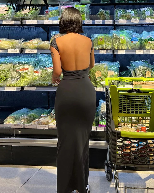Nibber Solid Sexy Backless Maxi Dress Women Elegant Elastic Slim Short Sleeve Long dresses Female Bodycon Streetwear Clothing