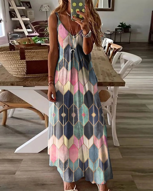 2024Women's Summer Casual Printed Camisole Vest Dress Long Dress