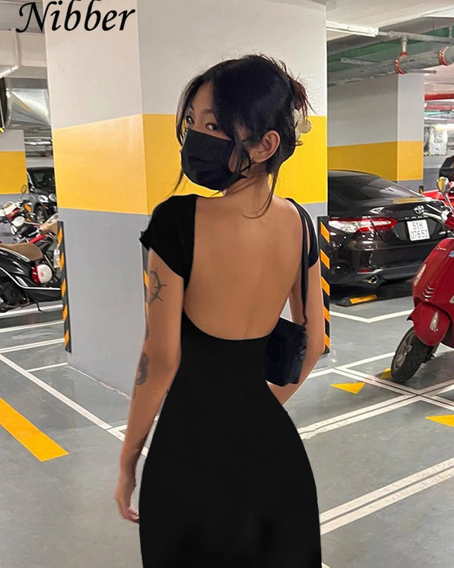 Nibber Solid Sexy Backless Maxi Dress Women Elegant Elastic Slim Short Sleeve Long dresses Female Bodycon Streetwear Clothing