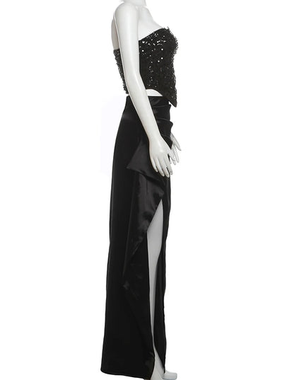 Weird Puss Prom Elegant 2 Piece Set Women Sequins Patchwork Backless Tube Tops+Ruched Slits Long Skirts Matching Sexy Trend Suit