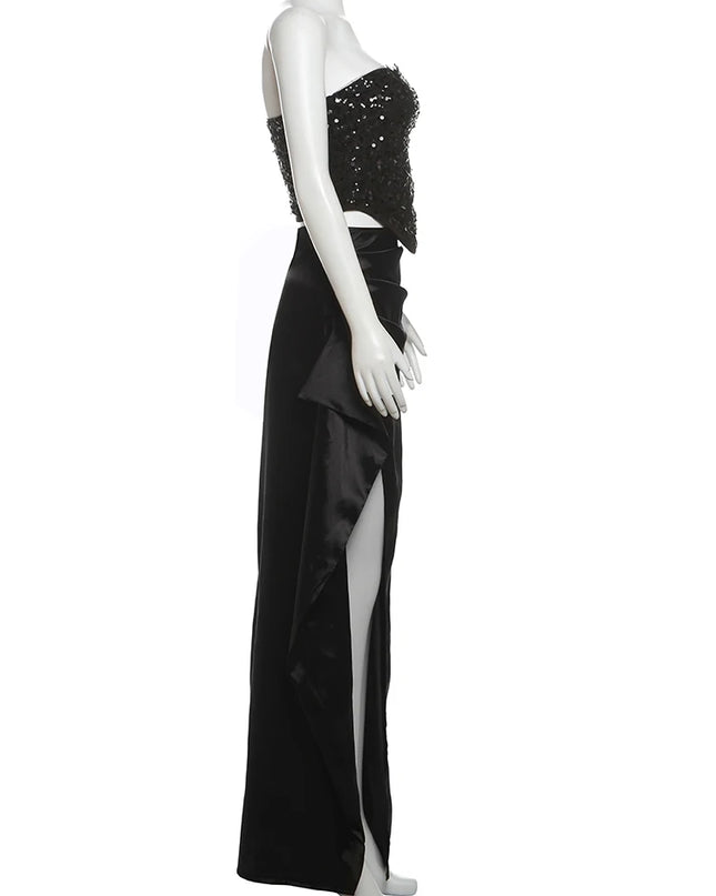 Weird Puss Prom Elegant 2 Piece Set Women Sequins Patchwork Backless Tube Tops+Ruched Slits Long Skirts Matching Sexy Trend Suit