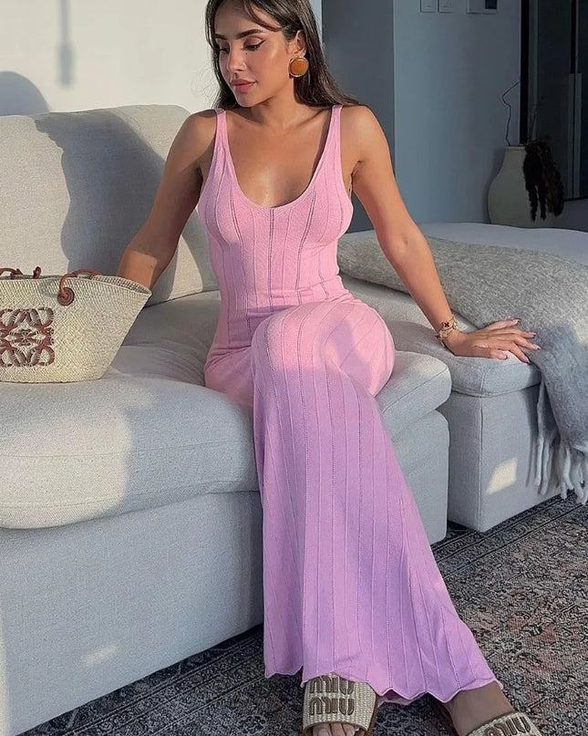 Tossy Summer Knit Ribbed Maxi Dress Female Slim Hollow Out Backless High Waist Fashion Beach Holiday Clothes Long Dress Women's