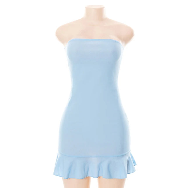 CUTENOVA Women Soft  Tender Slight Blue Strapless Wrap Hipster Mini Pleated Dress Pullover Sexy Charm Outfits Girls Dating Wear