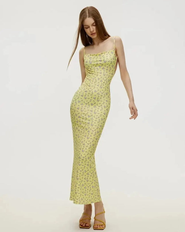 Long Floral Suspender Dress Nsummer Sexy Backless Slimming Beach Dress Fashionable Simple Printed Banquet Women's Clothing