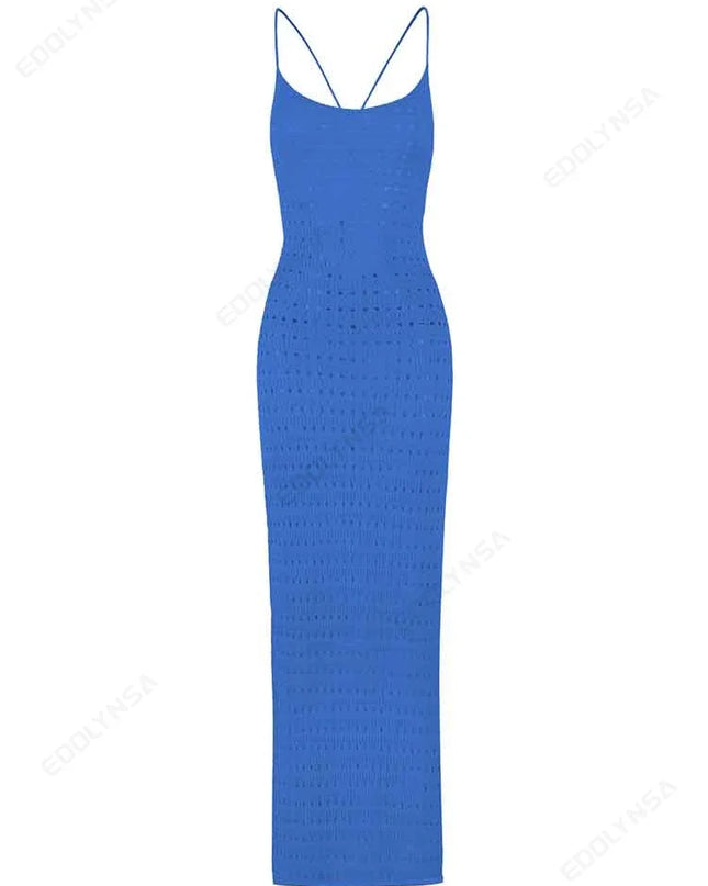 Sexy Knit Cut Out Tassel Spaghetti Strap Bodycon Beach Maxi Dress Summer Women's Holiday Club Party Outfit Swimsuit Cover Up K10