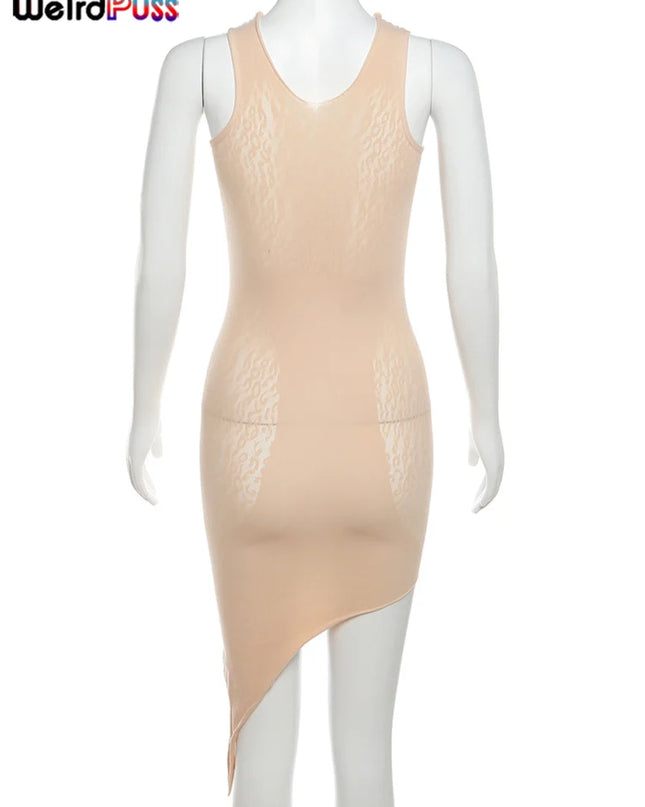 Weird Puss Elastic Hollow Rhinestones Dress Irregular WomenSee Through  Sleeveless Thin Midnight Party Clubwear Bodycon Vestidos