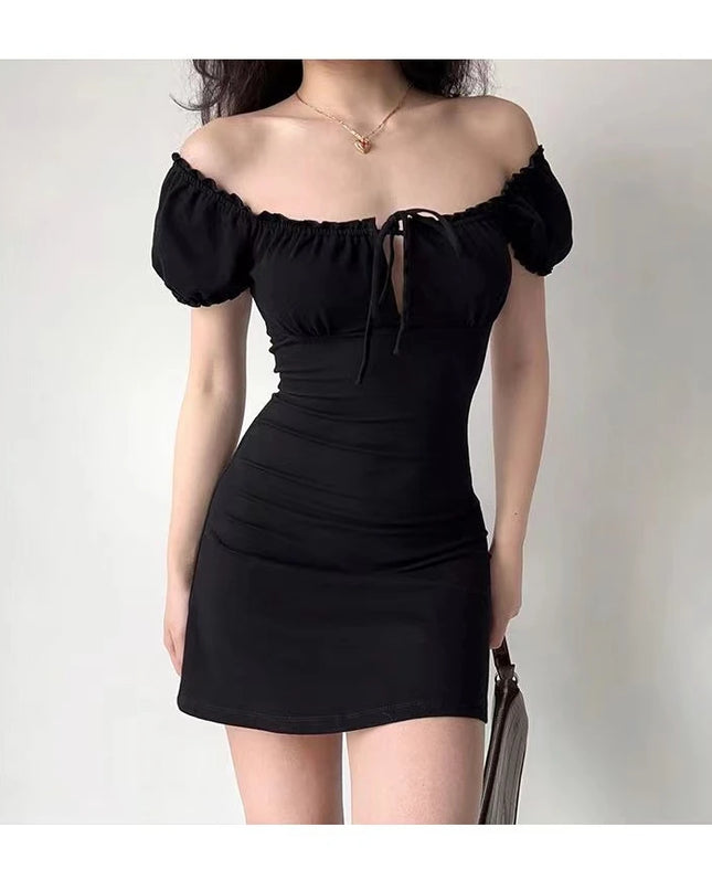 Summer Sexy Mini Dress Women Short Sleeved Lace up Hollow Casual Backless Folds Bodycon Black Dress Party Elegant A-LINE Dresses