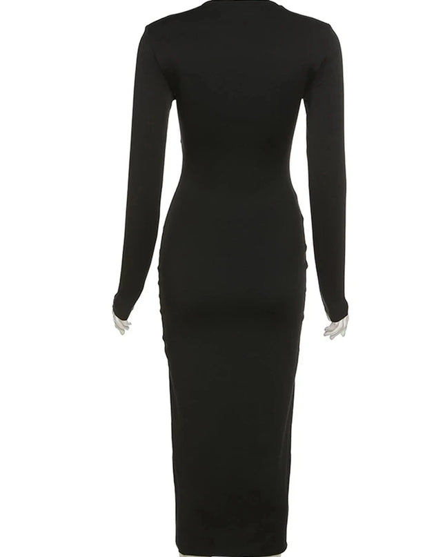 Autumn Crossed Cleavage Maxi Dress Women Concise Side Spilt Elegant Vestido Lady High Street Bodycon Slim Robe Skirt