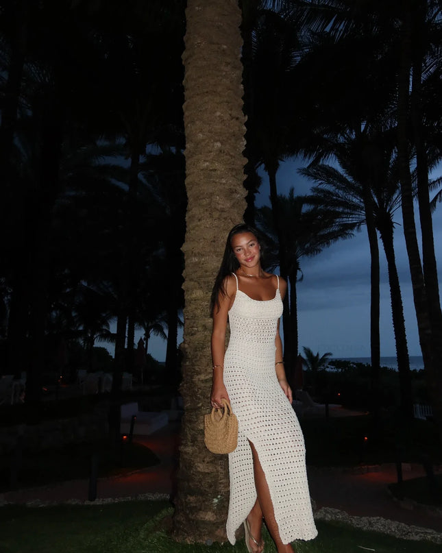 Sexy Knit Cut Out Tassel Spaghetti Strap Bodycon Beach Maxi Dress Summer Women's Holiday Club Party Outfit Swimsuit Cover Up K10