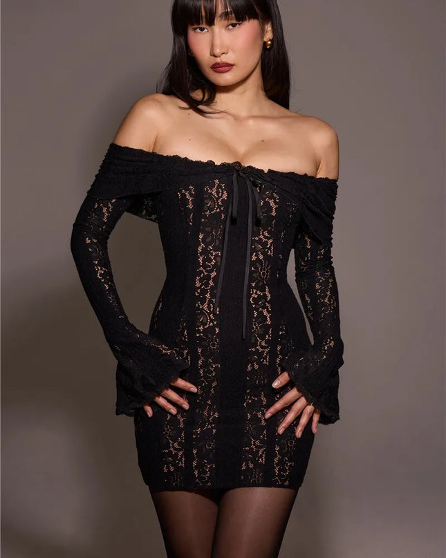 Mozision Lace Off-shoulder Sexy Maxi Dress Women Strapless Backless Long Sleeve Bodycon Evening Club Party Long Dress Elegant