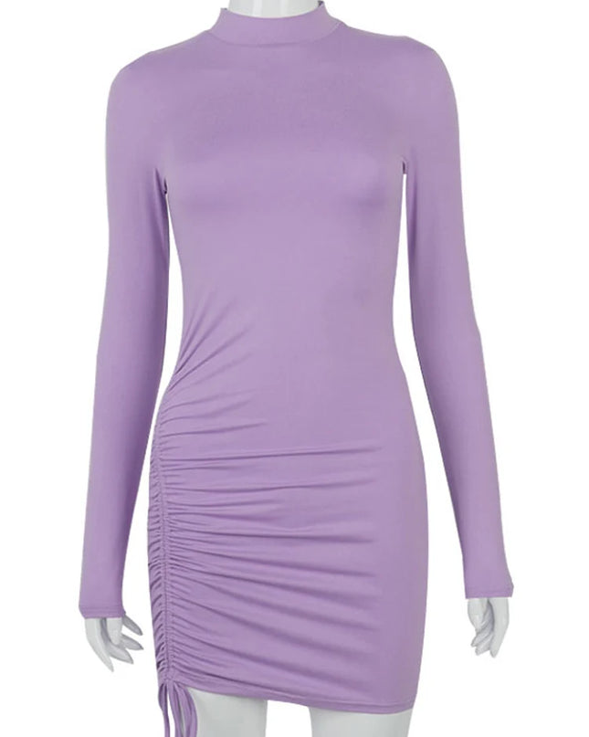Long Sleeve Ruched Bodycon Dress Women Turtleneck Bandage Mini Dresses Autumn Black Skinny Stretchy Party Vestidos