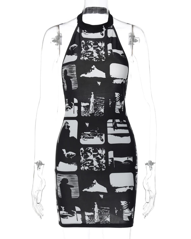 Hugcitar Vintage Print Halter Sleeveless Backless Sexy Slim Bodycon Mini Dress 2023 Summer Y2K Outfit Streetwear Nightclub Biker