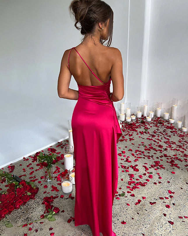 Summer Sexy One Shoulder Satin Long Dress for Women Sleeveless Backless High Split Party Evening Dresses Elegant Cocktail Dress