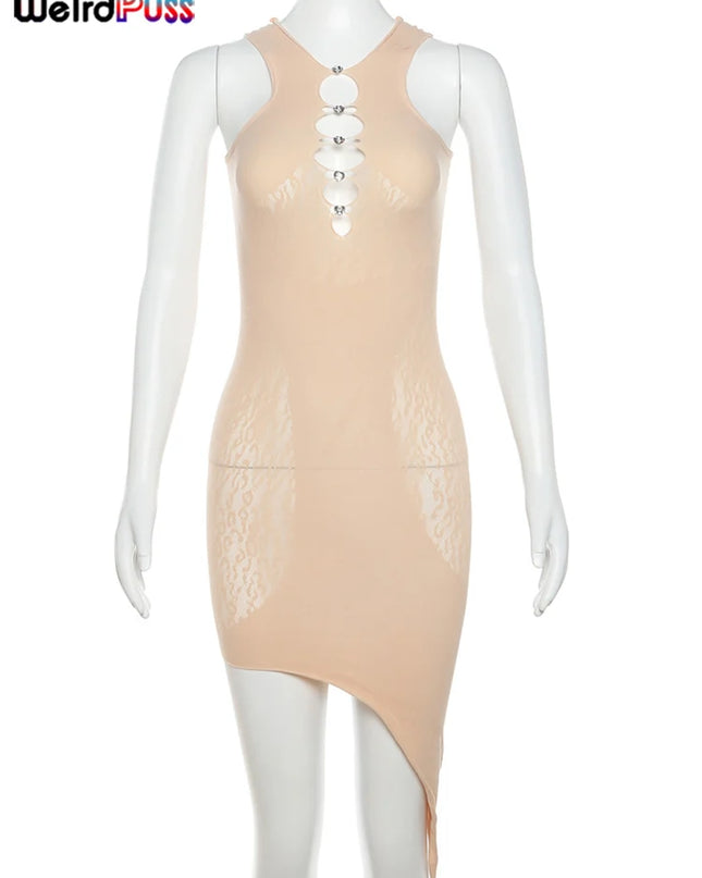 Weird Puss Elastic Hollow Rhinestones Dress Irregular WomenSee Through  Sleeveless Thin Midnight Party Clubwear Bodycon Vestidos