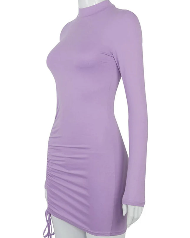 Long Sleeve Ruched Bodycon Dress Women Turtleneck Bandage Mini Dresses Autumn Black Skinny Stretchy Party Vestidos