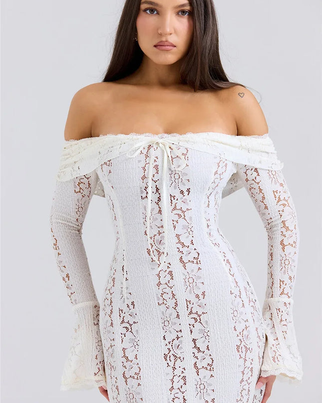 Mozision Lace Off-shoulder Sexy Maxi Dress Women Strapless Backless Long Sleeve Bodycon Evening Club Party Long Dress Elegant