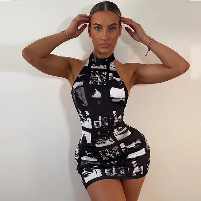 Hugcitar Vintage Print Halter Sleeveless Backless Sexy Slim Bodycon Mini Dress 2023 Summer Y2K Outfit Streetwear Nightclub Biker