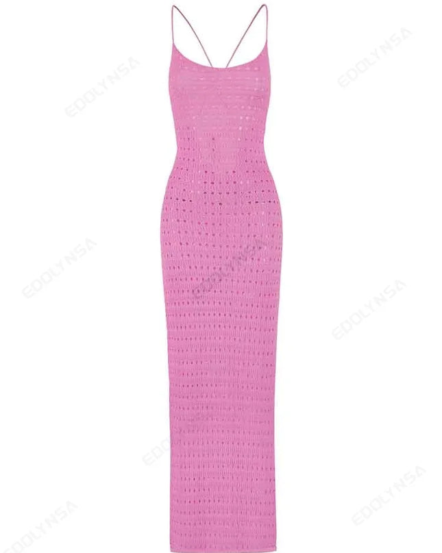Sexy Knit Cut Out Tassel Spaghetti Strap Bodycon Beach Maxi Dress Summer Women's Holiday Club Party Outfit Swimsuit Cover Up K10