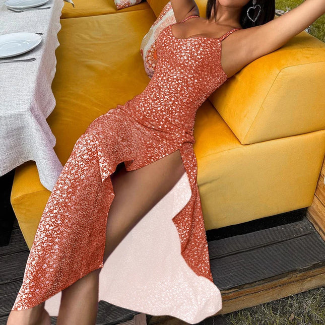HELIAR Women Sexy Split Maxi Dress Floral Printed Sleeveless Beach Party Dress Spaghetti Zip Club Dress Elegant Vestidos Summer