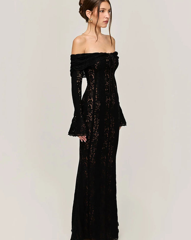 Mozision Lace Off-shoulder Sexy Maxi Dress Women Strapless Backless Long Sleeve Bodycon Evening Club Party Long Dress Elegant