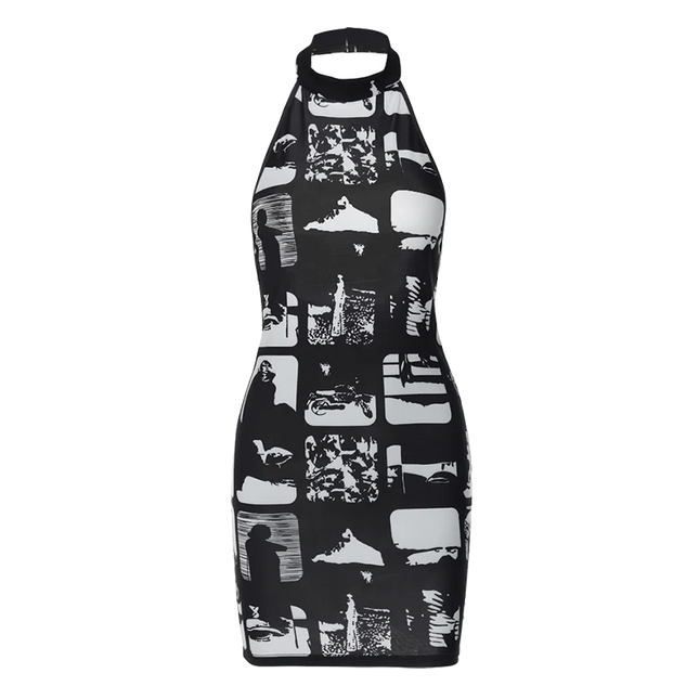 Hugcitar Vintage Print Halter Sleeveless Backless Sexy Slim Bodycon Mini Dress 2023 Summer Y2K Outfit Streetwear Nightclub Biker