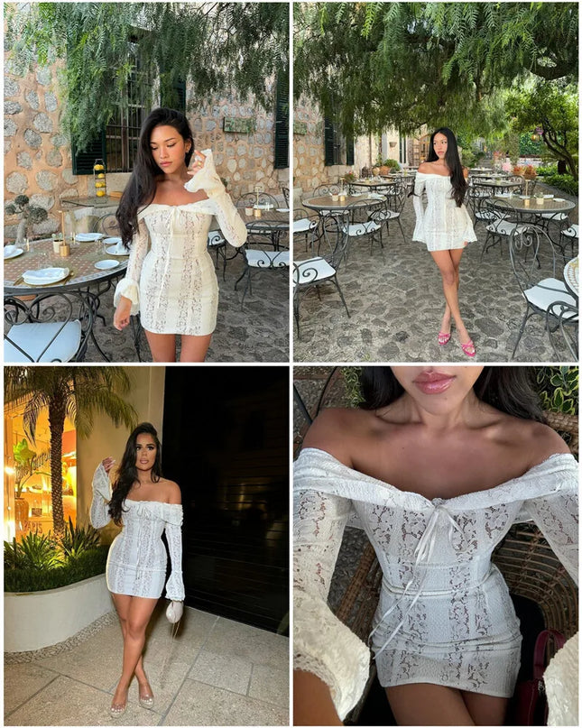Mozision Lace Off-shoulder Sexy Maxi Dress Women Strapless Backless Long Sleeve Bodycon Evening Club Party Long Dress Elegant
