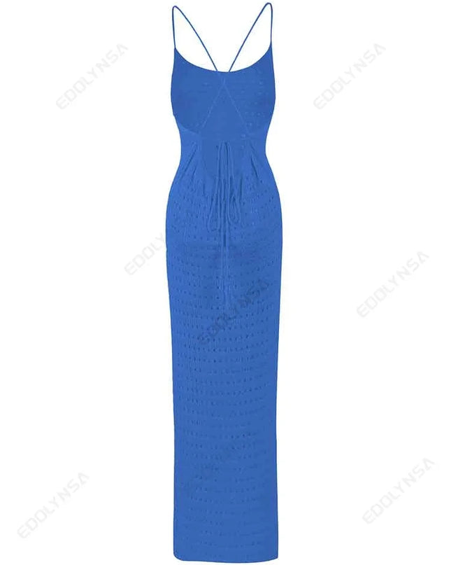 Sexy Knit Cut Out Tassel Spaghetti Strap Bodycon Beach Maxi Dress Summer Women's Holiday Club Party Outfit Swimsuit Cover Up K10