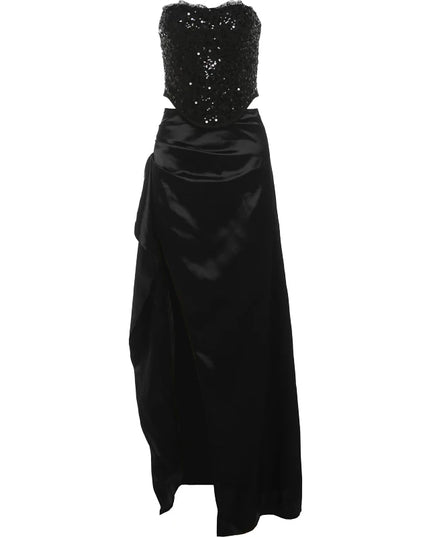 Weird Puss Prom Elegant 2 Piece Set Women Sequins Patchwork Backless Tube Tops+Ruched Slits Long Skirts Matching Sexy Trend Suit