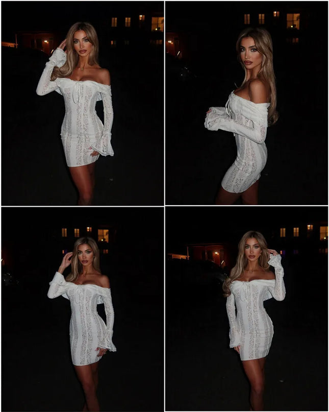 Mozision Lace Off-shoulder Sexy Maxi Dress Women Strapless Backless Long Sleeve Bodycon Evening Club Party Long Dress Elegant
