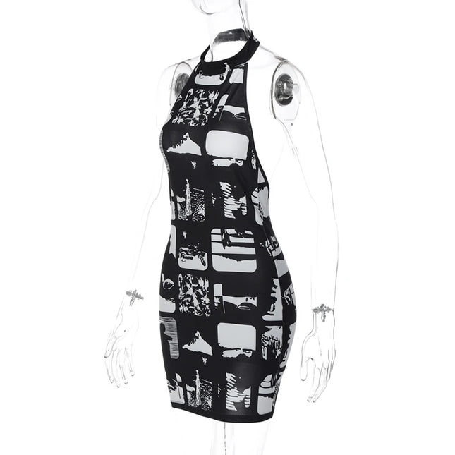 Hugcitar Vintage Print Halter Sleeveless Backless Sexy Slim Bodycon Mini Dress 2023 Summer Y2K Outfit Streetwear Nightclub Biker