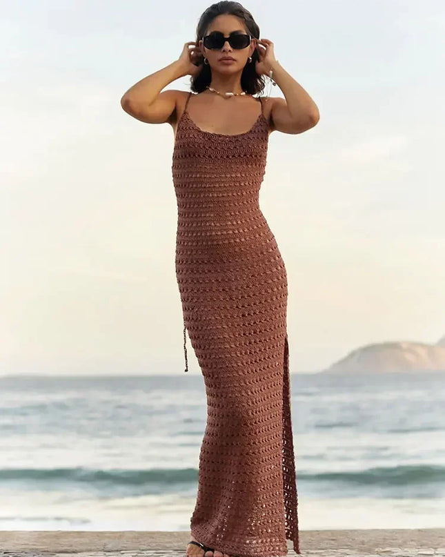 Sexy Knit Cut Out Tassel Spaghetti Strap Bodycon Beach Maxi Dress Summer Women's Holiday Club Party Outfit Swimsuit Cover Up K10