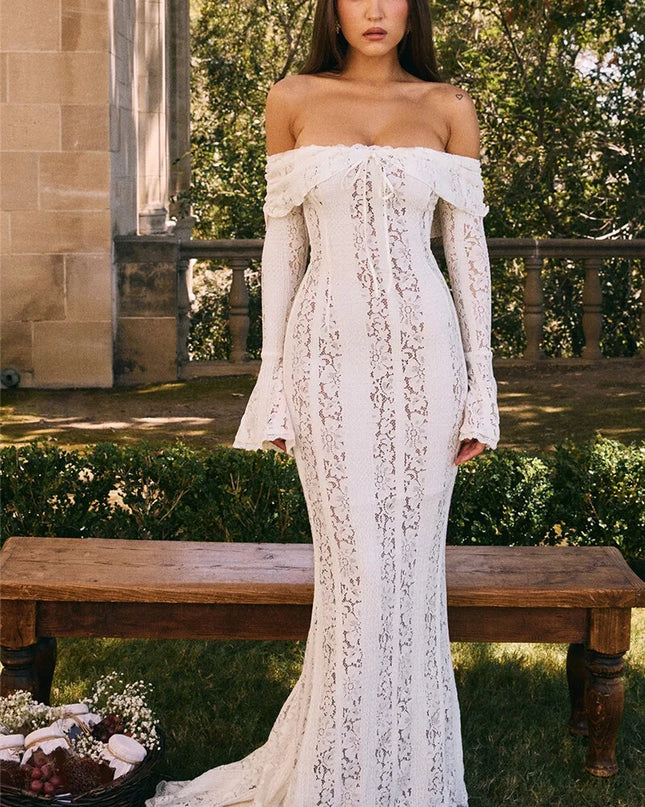 Mozision Lace Off-shoulder Sexy Maxi Dress Women Strapless Backless Long Sleeve Bodycon Evening Club Party Long Dress Elegant