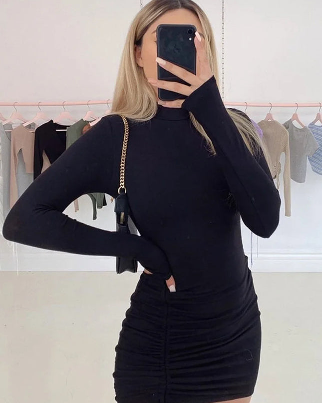 Long Sleeve Ruched Bodycon Dress Women Turtleneck Bandage Mini Dresses Autumn Black Skinny Stretchy Party Vestidos