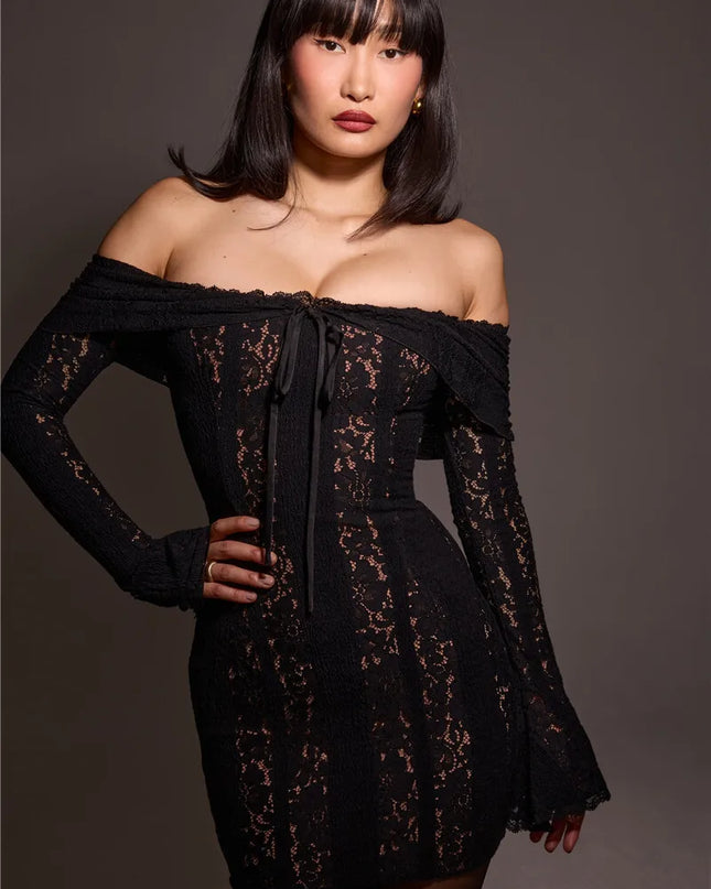 Mozision Lace Off-shoulder Sexy Maxi Dress Women Strapless Backless Long Sleeve Bodycon Evening Club Party Long Dress Elegant