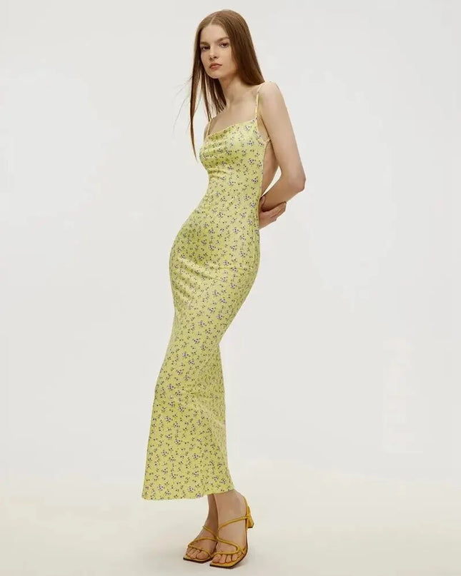 Long Floral Suspender Dress Nsummer Sexy Backless Slimming Beach Dress Fashionable Simple Printed Banquet Women's Clothing