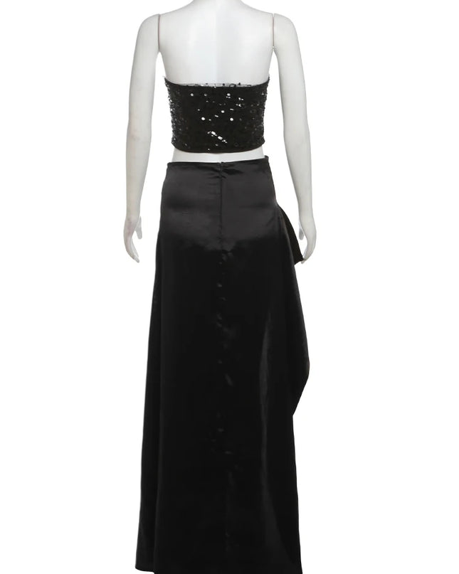 Weird Puss Prom Elegant 2 Piece Set Women Sequins Patchwork Backless Tube Tops+Ruched Slits Long Skirts Matching Sexy Trend Suit