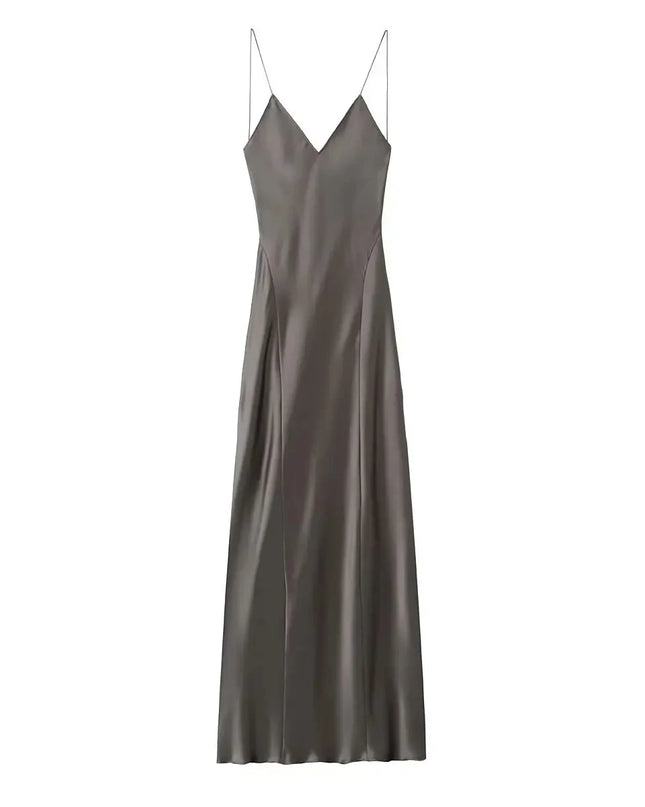 TRAFZA New Fashion Woman Party Evening Slip Prom Dress Female Satin Long Dress Sexy Sleeveless Backless V-neck Sling Midi Dress