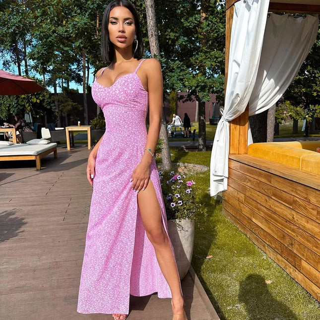 HELIAR Women Sexy Split Maxi Dress Floral Printed Sleeveless Beach Party Dress Spaghetti Zip Club Dress Elegant Vestidos Summer