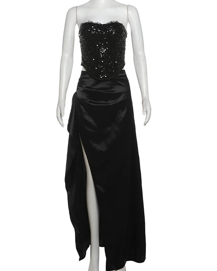 Weird Puss Prom Elegant 2 Piece Set Women Sequins Patchwork Backless Tube Tops+Ruched Slits Long Skirts Matching Sexy Trend Suit
