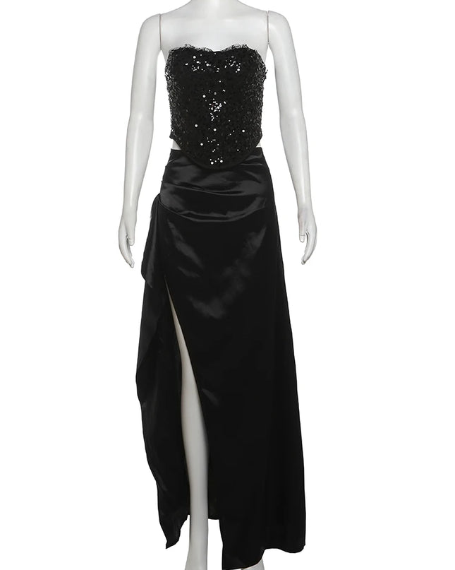 Weird Puss Prom Elegant 2 Piece Set Women Sequins Patchwork Backless Tube Tops+Ruched Slits Long Skirts Matching Sexy Trend Suit